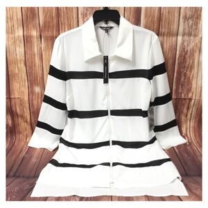 SAMUEL DONG White Black Mesh Stripes 3/4 Sleeve Top